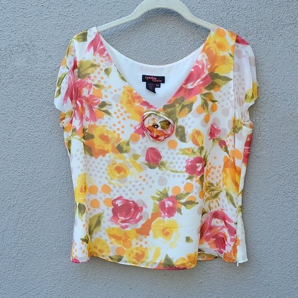 CYNTHIA HOWIE Blouse 10 SILK FLORAL PINK/ORANGE Fairy Coquette Feminine - Picture 5 of 13